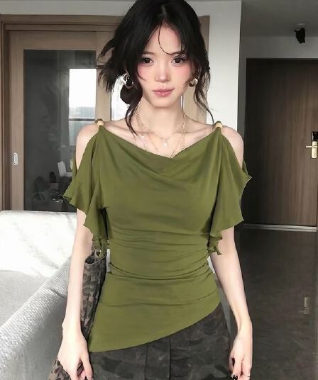 빅 사이즈 지방 mm 도파민 녹색 흔들다 칼라 프릴 오프숄더 티셔츠 여성 여름 핫걸 바람 슬림해 보이는 맨위