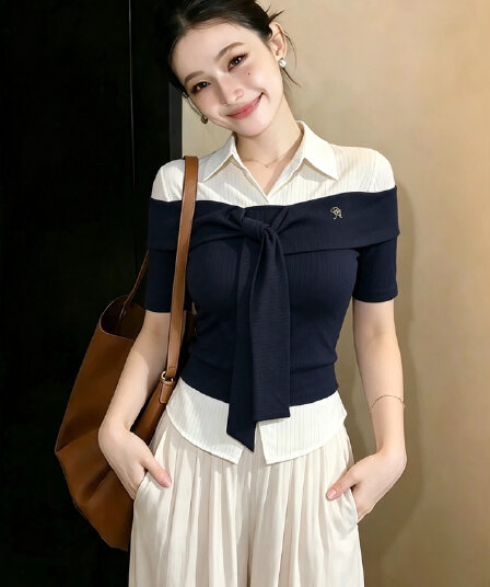 빅 사이즈 마이크로 지방 mm 한 부서 페이크 레이어드 패치워크 반팔 여성 셔츠 여름 몸매 가꾸기 슬림해 보이는 POLO 칼라 맨위