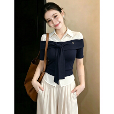 批发大码微胖mm韩系假两件拼接短袖衬衫女<b class='q'>夏</b>修身显瘦polo领上衣