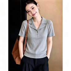 批发大码微胖mm法式<b class='q'>西装</b>翻领polo 针织T恤<b class='q'>女</b>夏季修身显瘦气质上衣