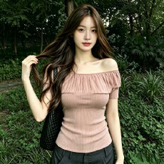 批发大码微胖mm纯欲风一字肩针织短袖T恤女<b class='q'>夏</b>季设计感独特漂亮小上衣