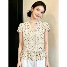批发大码微胖mm韩系V领波点短袖衬衫女<b class='q'>夏</b>设计感荷叶边气质显瘦上衣