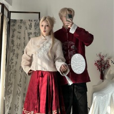 批发情侣秋冬搭配一整套新中式盘扣小香风外套男女加厚 上衣两件套装