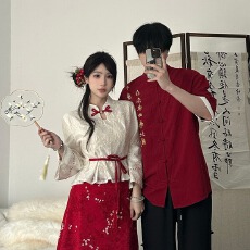 批发新中式红色<b class='q'>短袖</b>套<b class='q'>装</b>刺绣书法 立领男女套马面裙 套<b class='q'>装</b>