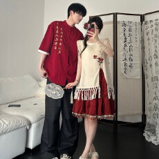 批发新中式红色刺绣 书法 男女套装刺绣 女流苏上衣 短裙套装