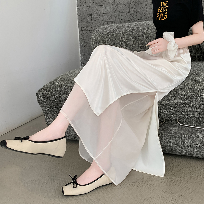FA34007# 高品质醋酸缎面网纱拼接半身裙女夏薄款休闲长裙高腰气质A字裙 服裝批發女裝批發服飾貨源