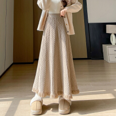 批发加厚<b class='q'>半身裙</b>针织半裙女2025新款冬季垂感过膝中长裙流苏裙子a字裙