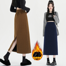 冬季加绒厚款毛呢高腰显瘦开叉直筒半身裙女气质中长款包臀A字裙