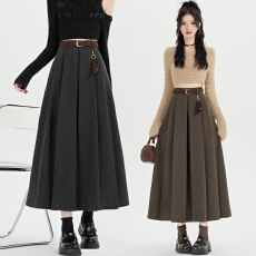 批发灰色毛呢百褶裙半身裙<b class='q'>女</b>秋冬款高端小个子高腰休闲<b class='q'>西装</b>a字长裙子