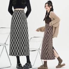 批发菱形格子后开叉毛呢半身裙女秋冬韩系气质高腰a字直筒包臀一步裙