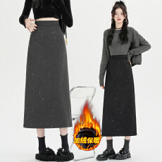批发亮片加绒加厚毛呢半身裙女2025秋冬高腰显瘦<b class='q'>中长款</b>开叉a字包臀裙