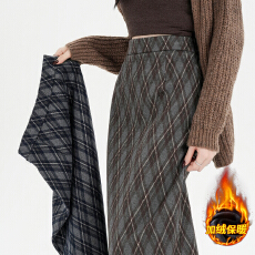 批发<b class='q'>复古</b>磨毛格子半身裙女2025新款秋冬季加绒呢子包臀后开叉直筒裙子