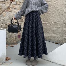 批发2025秋冬毛呢格子半身裙女百搭高腰A字裙中长款加厚显瘦大摆长裙