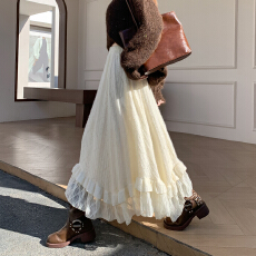 批发实拍蕾丝肌理拼接半身裙女秋季法式优雅a字下摆不规则<b class='q'>长裙</b>子