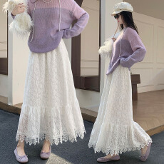 批发法式蕾丝拼接半身裙女2026春款松紧腰减龄气质蕾丝花边a字<b class='q'>大摆裙</b>