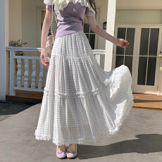 批发韩系气质粉色波点百搭长款半身裙女2026春夏新显瘦<b class='q'>雪纺</b>蛋糕长裙