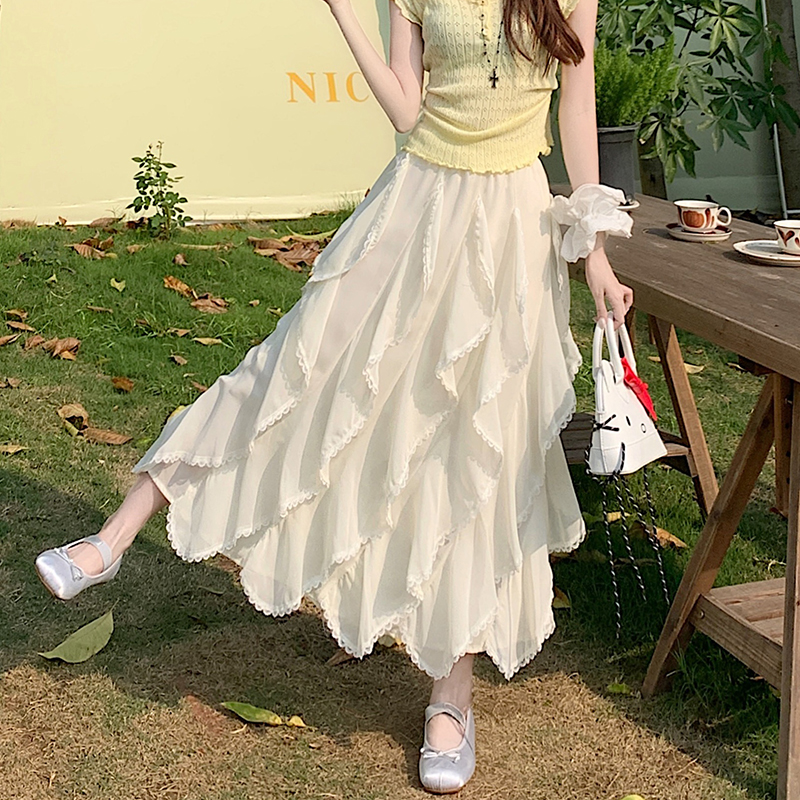 실사 2026 살구 색상 프릴 불규칙 레이스 조각 반신 스커트 여성 봄 여름 새로운 하이웨이스트 한 마디 롱 스커트