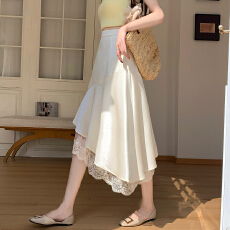 批发2026年春款通勤缎面不规则百搭<b class='q'>半身</b>裙女蕾丝拼接修身显瘦气质裙