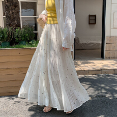 批发2026春夏新款气质波点<b class='q'>雪纺</b>垂感<b class='q'>半身裙</b>高腰a字大摆百褶压折长裙