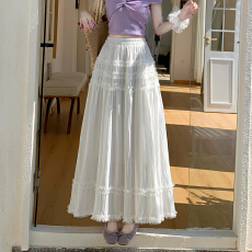 批发100水洗棉重工荷叶花边高腰宽松显瘦甜美减龄奶油蛋糕<b class='q'>长裙</b>