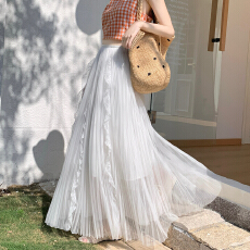 批发温柔风气质网纱拼<b class='q'>蕾丝</b>百褶半身裙2026春夏季高腰垂感A字大摆伞裙