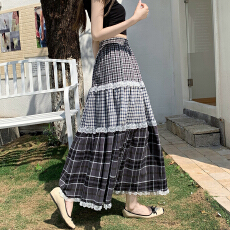 批发经典格纹花边撞色拼接蛋糕裙女2026春夏新款蛋糕裙松紧腰a字伞裙