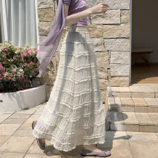 批发2026春夏重工多层提花雪纺拼接浪漫高腰A字蛋糕裙中长款遮胯半裙