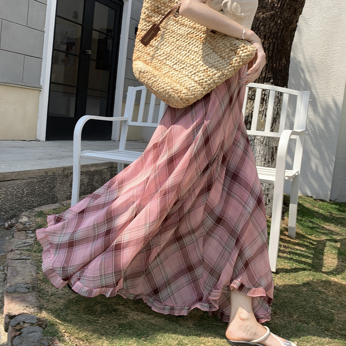 프랑스식 불규칙 체크무늬 핑크색 반신 스커트 여성 여름 하이웨이스트 프릴 쉬폰 한 마디 롱 스커트