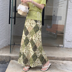 批发韩系气质碎花半身裙女新中式复古做旧格纹A字长款半身裙鱼尾裙子