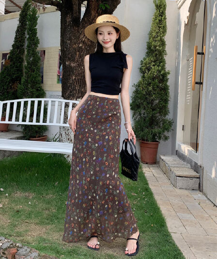 실사 하이웨이스트 레트로 꽃무늬 반신 스커트 여성 여름 A라인 스커트 휴가 바람 슬림해 보이는 몸매 가꾸기 인어 꼬리 스커트