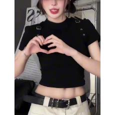 批发大码秋季新款女美式复古肩带个性<b class='q'>T</b><b class='q'>恤</b>时尚潮流辣妹酷飒高级感上衣