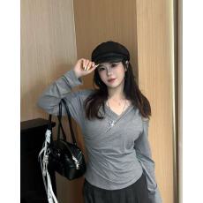 批发胖MM韩系风长袖V领女INS风假两件T恤斜肩修身型黑灰色纯欲款上衣