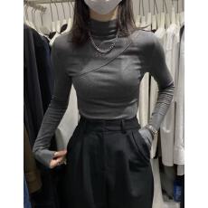 批发胖MM<b class='q'>秋</b>冬新款洋气设计感半高领长袖T恤女修身显瘦内搭打底衫上衣