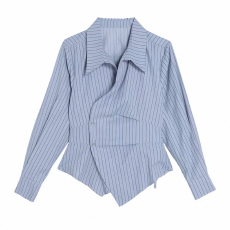 批发2026开春新款胖MM蓝色条纹衬衣女设计感百搭显瘦衬衣上衣