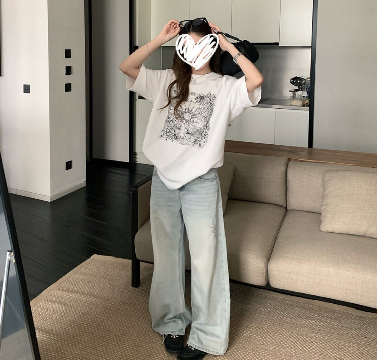 2026 지방 mm 레트로 Breeze 디자인 센스 프린트 반팔 티셔츠 여성 여름 순면 슬림해 보이는 다용도 루즈핏 맨위