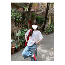 批发胖MM新款美式正肩短袖T恤女夏季薄款宽松百合印花设计感小众上衣