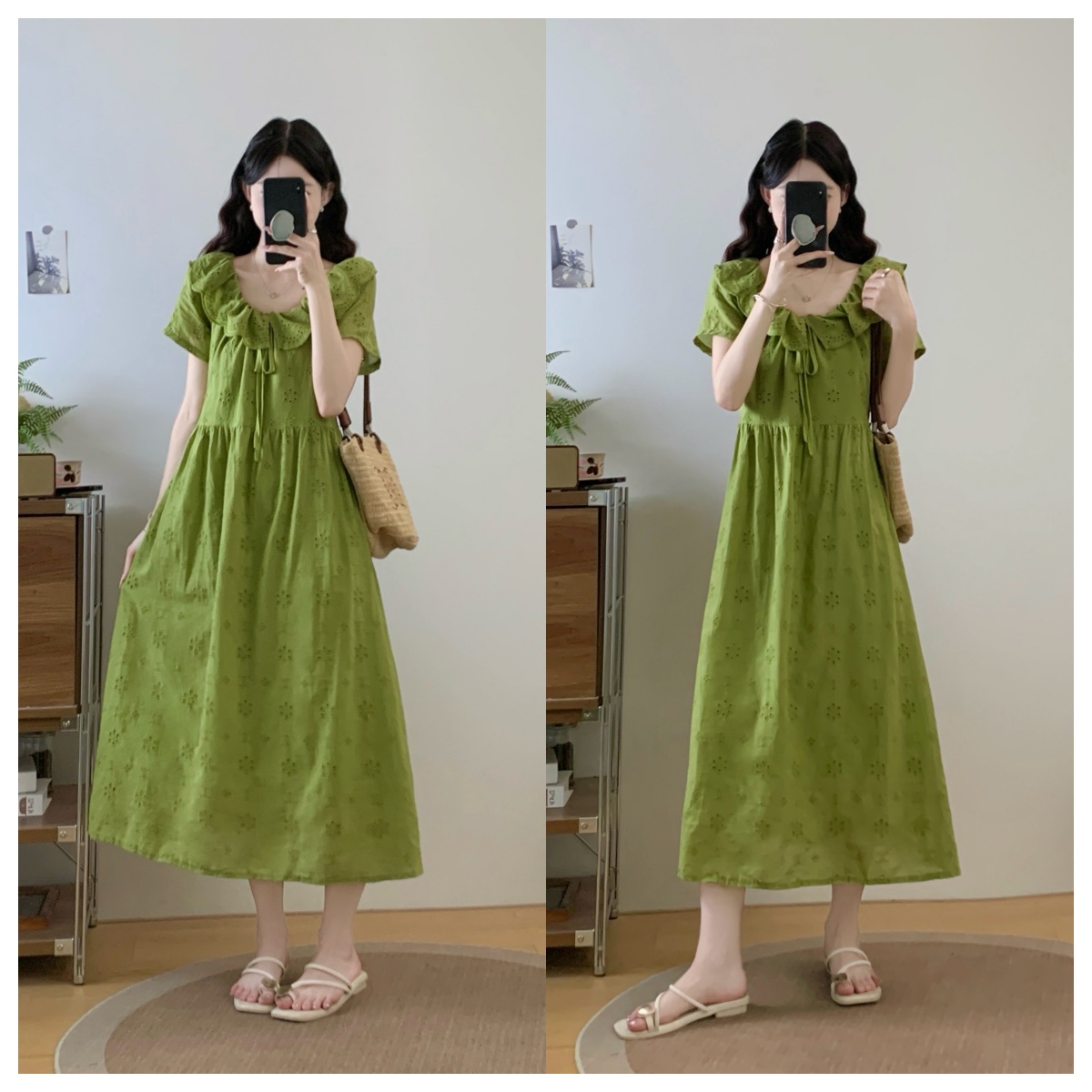 MY9201# 新款大码宽松女法式气质花朵镂空显瘦连衣裙长裙女裝貨源服裝批發