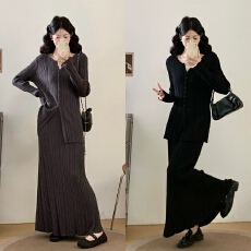 批发实拍新款大码针织毛衣套装简约慵懒打底上衣+半身裙<b class='q'>两件</b>套