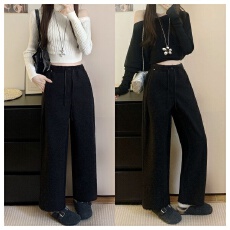 批发实拍新款大码加绒加厚毛呢直筒阔腿裤秋<b class='q'>冬</b>休闲裤子