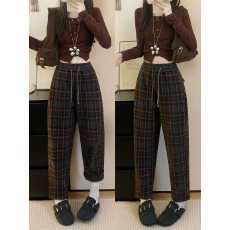 批发实拍新款大码百搭女秋<b class='q'>冬</b>羊毛呢格子加绒加厚胖MM宽松显瘦休闲子裤