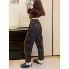 批发实拍新款大码百搭女秋冬羊毛呢格子加绒加厚胖MM宽松显瘦休闲子裤