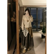 批发实拍新款大码复古秋冬马甲+提花衬衫+半身裙拼接三件套