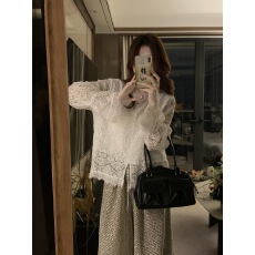 批发实拍新款<b class='q'>大码</b>早春蕾丝打底衫+阔腿裤套装