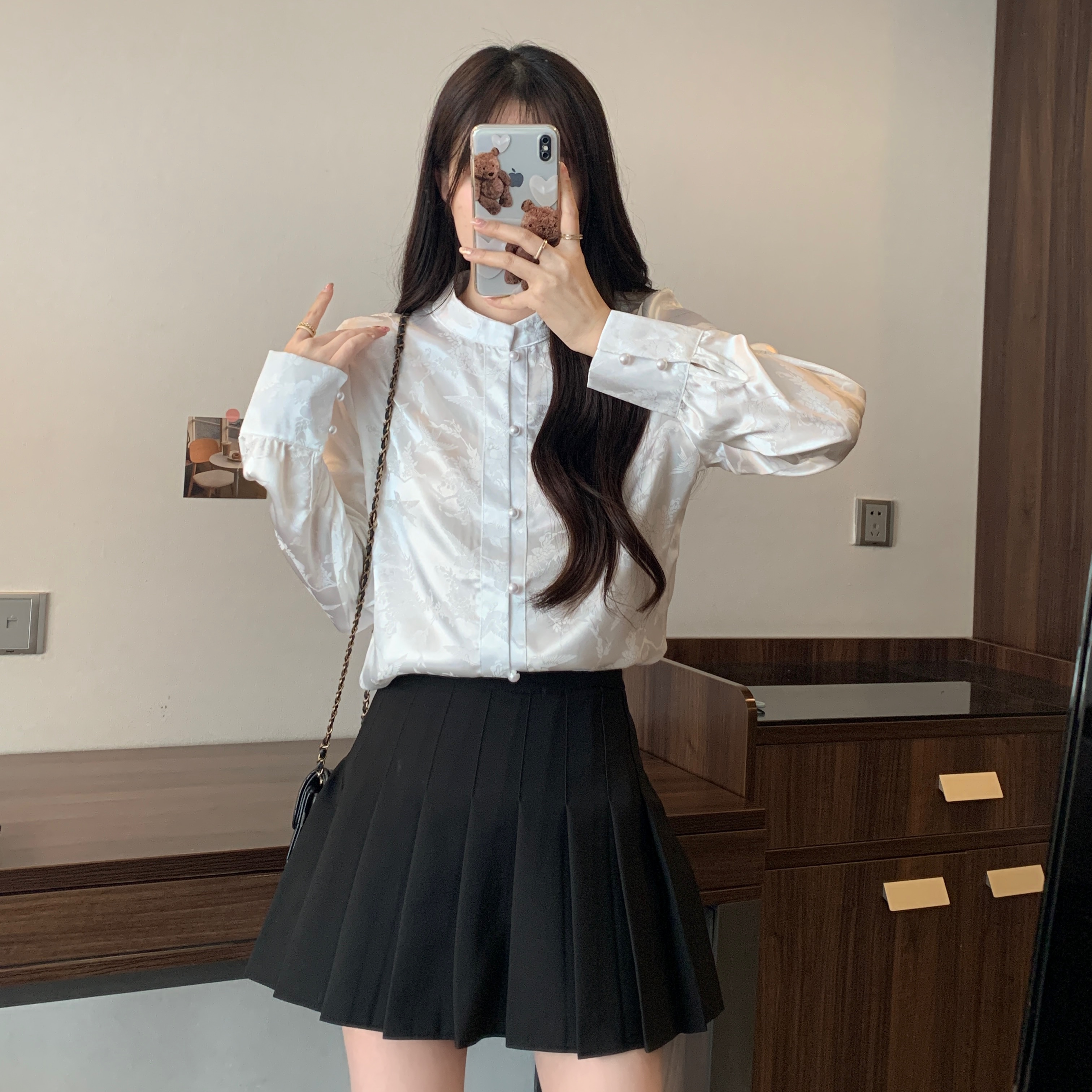 실사 새로운 한국 스타일 품격 작은 대중 디자인 센스 스탠드 칼라 슬림해 보이는 셔츠 맨위 여성 트렌디