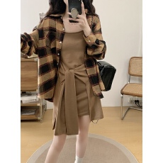 批发实拍实价新款大码穿搭高级感格子衬衫+收腰吊带<b class='q'>连衣裙</b><b class='q'>两件套</b>