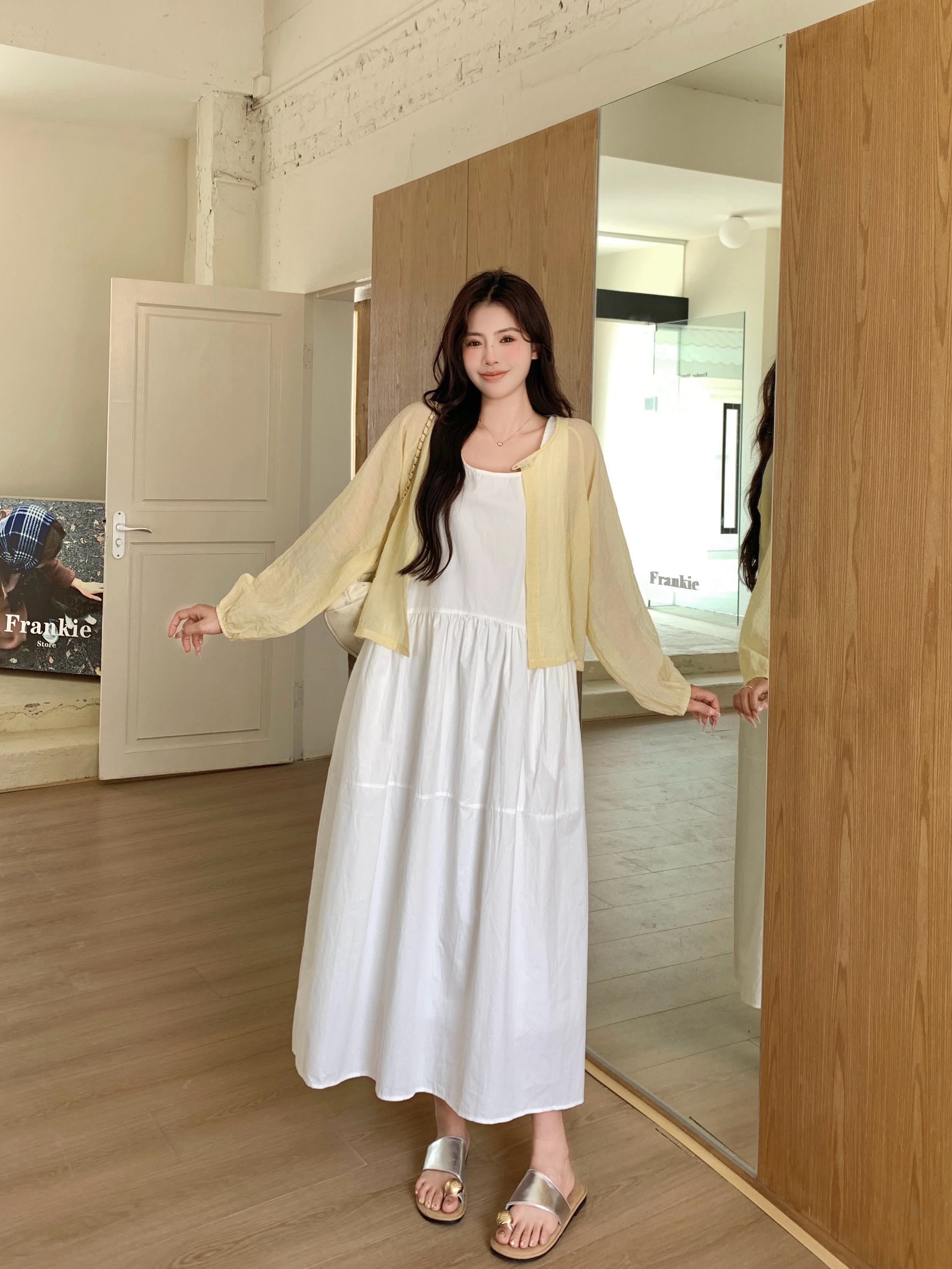 실사 새로운 빅 사이즈 한국 스타일 느긋한 바람 자외선 차단 오픈 가디건 조끼 스커트 투피스 세트
