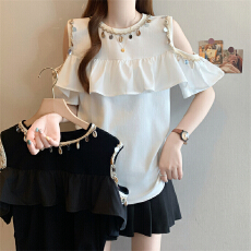 批发实拍新款大码重工亮片露肩圆领短袖<b class='q'>T</b><b class='q'>恤</b>时尚宽松显瘦上衣