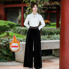 批发实拍新中式高腰丝绒休闲阔腿裤百搭黑色刺绣加厚国风盘扣长裤