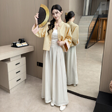 批发实拍新中式国风立领刺绣提花气质<b class='q'>外套</b>上衣宽松显瘦长款阔腿裤套装