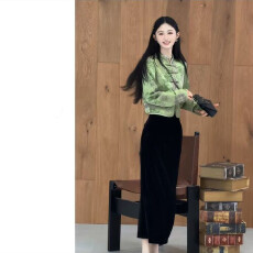 批发新中式春秋提花暗纹盘扣上衣<b class='q'>外套</b>打底显瘦连衣开叉中长裙套装